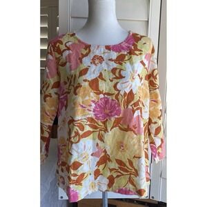 Hot Cotton Linen Top L Floral 3/4 Sleeve Scoop Neck Tropical Pink Floral Tunic
